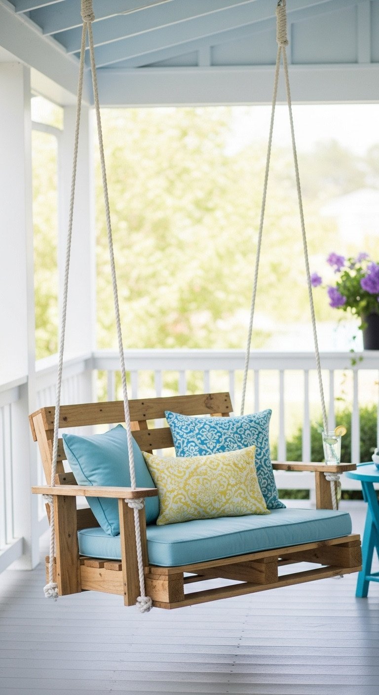 DIY pallet swing chair with colorful cushions, white rope, hanging on a charming covered porch with side table.