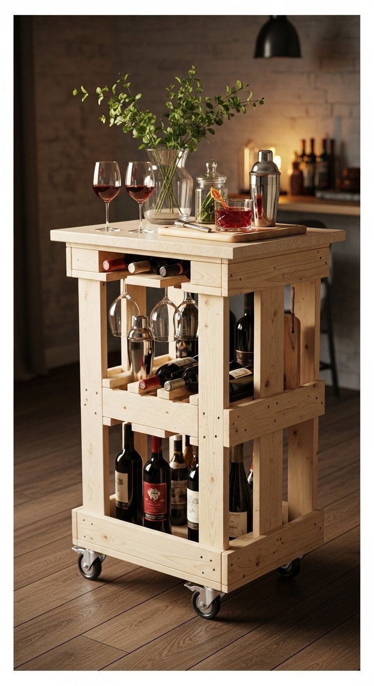 DIY rolling pallet wine rack bar cart, industrial wheels, stocked with wine, glasses, and bar accessories.