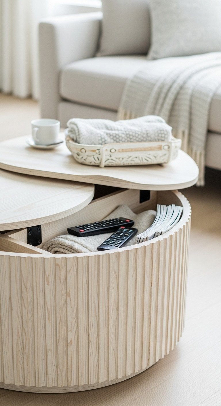 Simple DIY Fluted Coffee Table To Elevate Your Space 11 DIY round fluted coffee table with hidden storage compartment open, revealing space for blankets & magazines in living room.