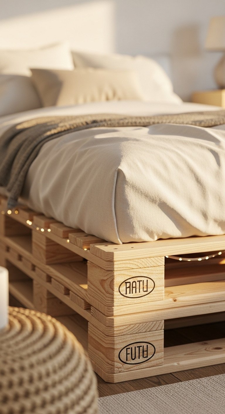 DIY rustic Queen pallet bed frame, raw wood, soft linen bedding, subtle LED lights, cozy bedroom ambiance.