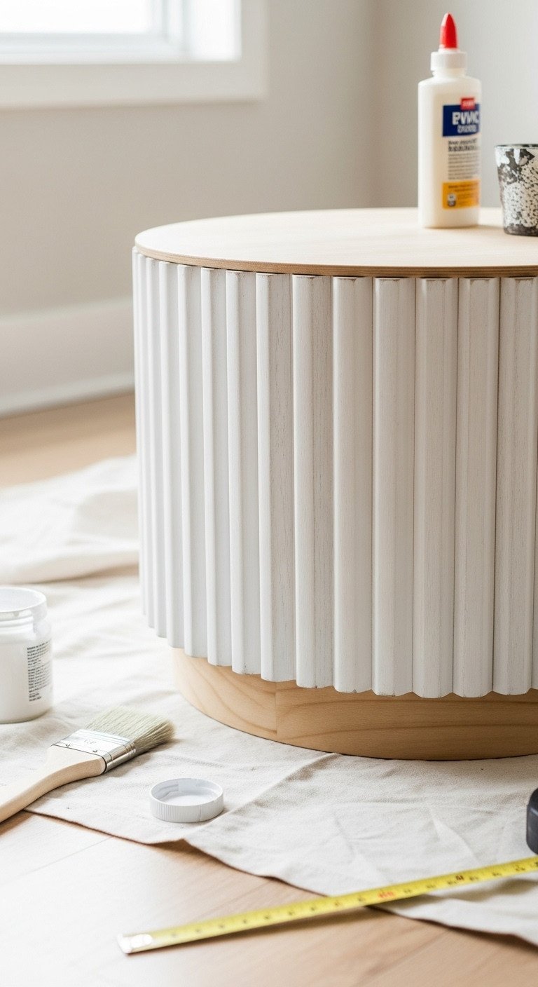 DIY white fluted coffee table hack with half-round wooden mouldings, paintbrush nearby, on a drop cloth in a bright room.