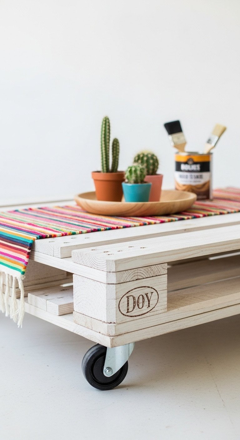 Discover 11 Genius Boho Coffee Table Ideas for Eclectic Homes 17 DIY whitewashed pallet coffee table on wheels, styled with a colorful runner & potted cacti, hinting at a creative project.