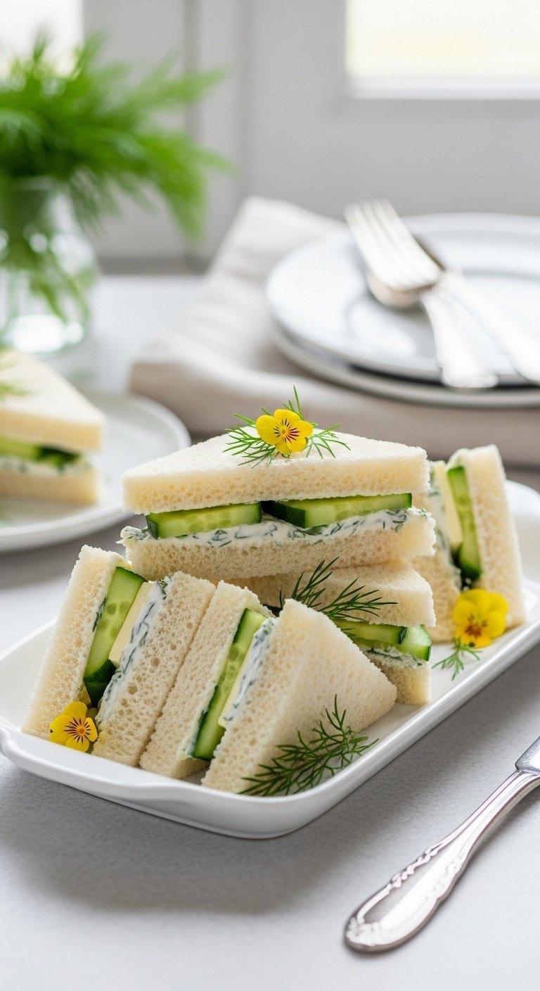 Dainty classic cucumber tea sandwiches, triangular with bright green slices and herbed butter, stacked on a white platter for elegant high tea.