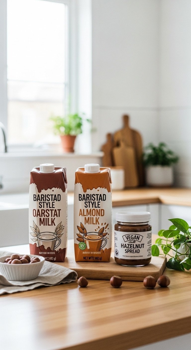 The Simple Trick For A Perfectly Creamy Nutella Latte 9 Dairy-free ingredients on a wooden kitchen island: oat milk, almond milk, and a jar of vegan hazelnut spread.