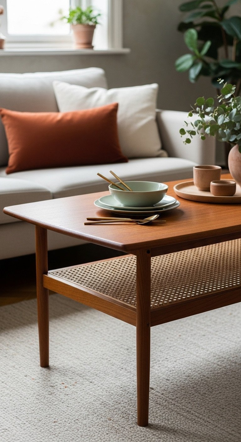 Find Stunning Mid-Century Modern Coffee Tables for Your Home 7 Danish Modern teak coffee table with woven cane lower shelf, contrasting textures, elegant living room decor.