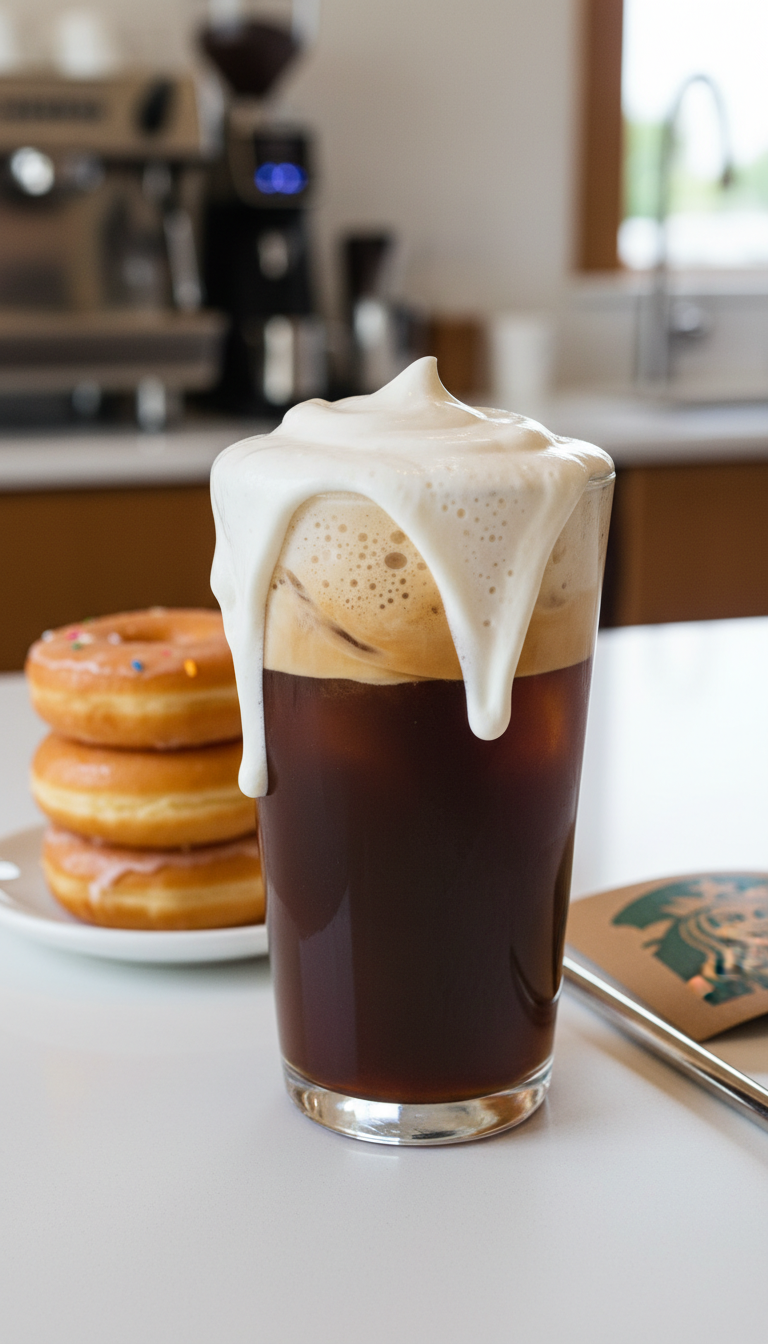 Dark Cold Brew with massive sweet cream cold foam, donuts, metallic straw on white counter, trendy coffee.