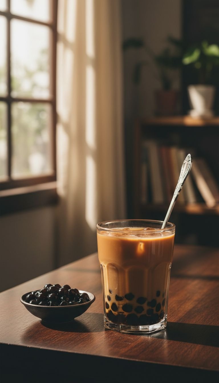 Dark Lunar Lifts Classic Protein Milk Tea with konjac pearls in a glass on a dark wood surface, moody blurred background.