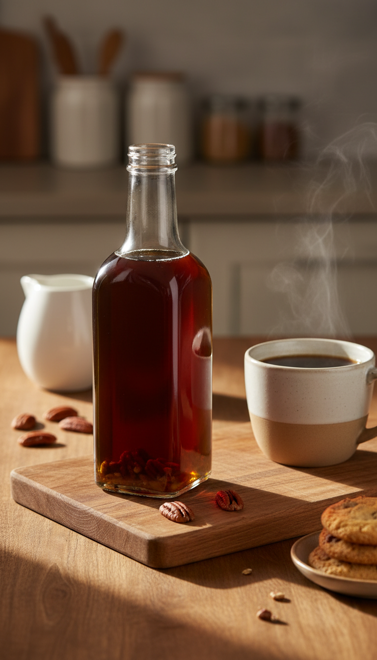 Homemade Coffee Syrup Gifts Easy Recipes & Ideas 13 Dark amber maple pecan coffee syrup bottle with toasted pecans, next to a warm coffee cup on a wooden counter.