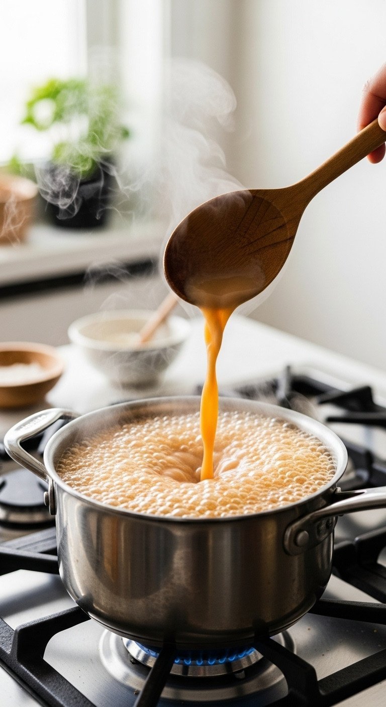 Master Masala Chai Perfect Ratios and Traditional Method 11 Dark amber milky tea boiling vigorously, rising with dense creamy foam in a stainless steel saucepan on a gas stovetop.