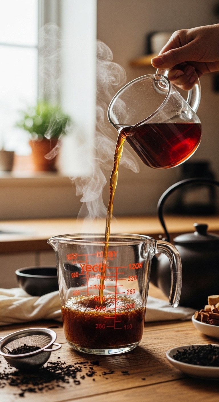 Master Kombucha Home Brewing For Gut Health And Perfect Flavor 3 Dark black tea pouring over cane sugar in a glass measuring cup, steaming, on rustic wood. Perfect kombucha tea base.