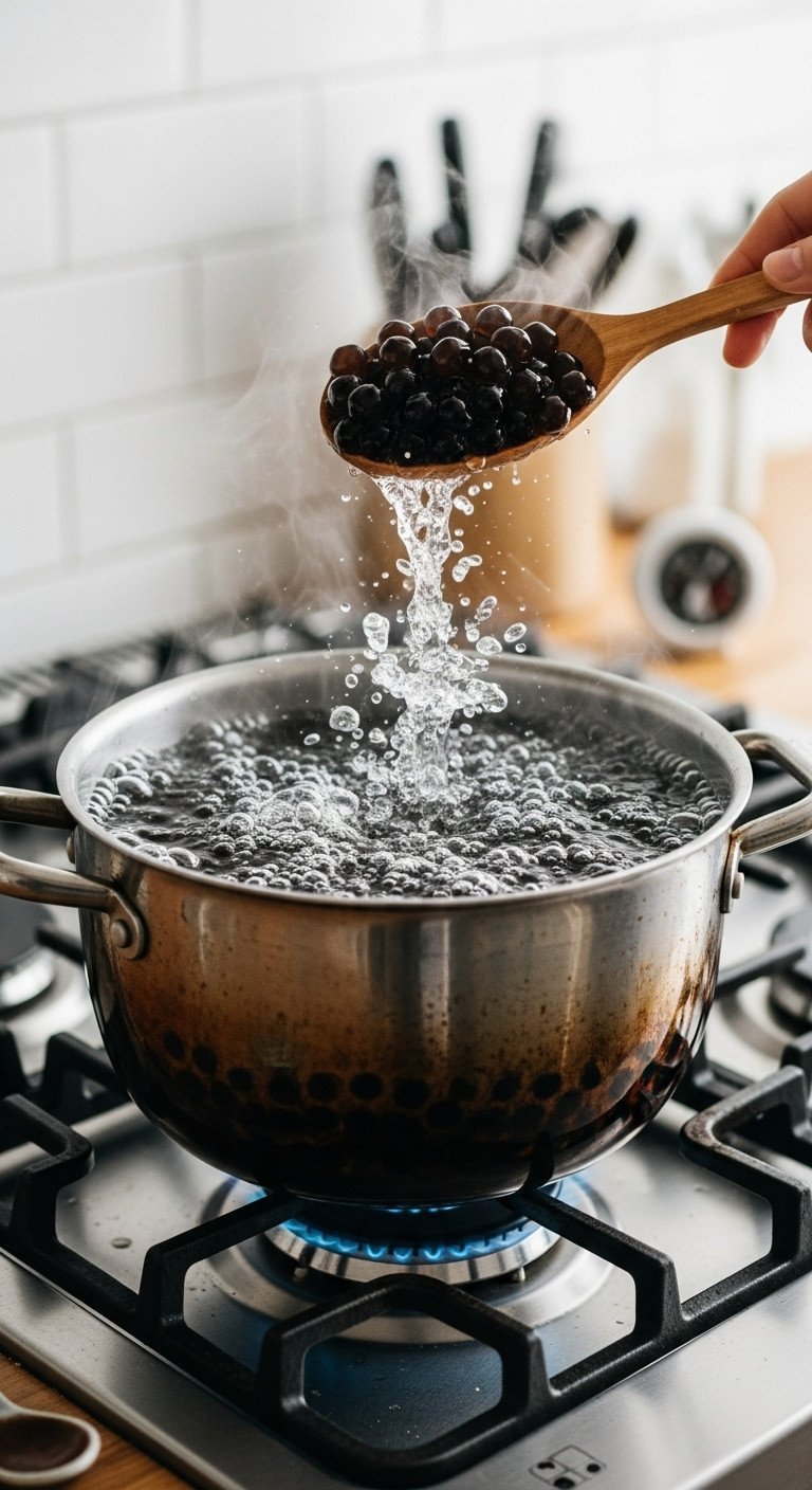 Master The Perfect Boba Tea Recipe For Chewy Pearls 5 Dark boba pearls boiling rapidly in a pot on gas stovetop with steam. Cooking fresh tapioca pearls for homemade boba tea.
