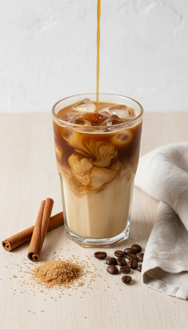 Dark brown sugar cinnamon syrup pouring into iced coffee with milk, creating a swirl. Cinnamon sticks and coffee beans on flat lay.