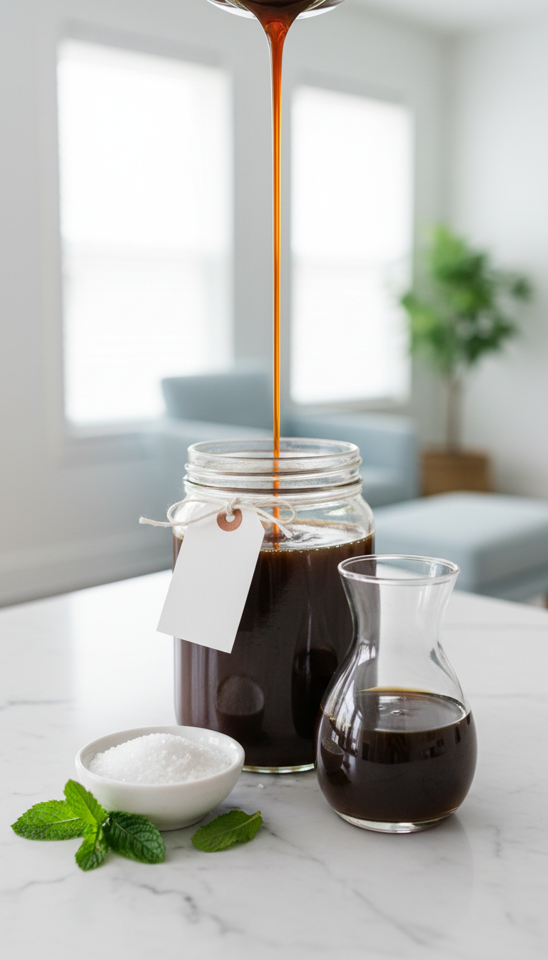 Homemade Peppermint Mocha Coffee Syrup: Master This Recipe 3 Dark brown sugar-free syrup in a glass jar on a white marble counter with monk fruit crystals and fresh mint.