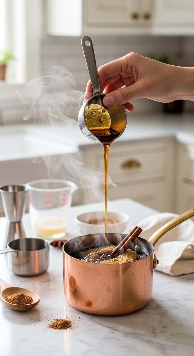 The Genius Brown Sugar Latte Recipe Iced Shaken And Hot Steamed 1 Dark brown sugar, water, and cinnamon stick simmering in a copper saucepan, creating thick, glossy amber syrup. Home kitchen, marble counter.