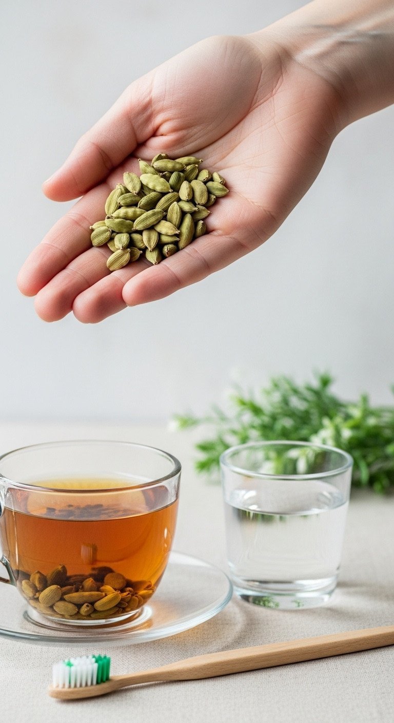Cardamom Tea Ultimate Recipe Guide 7 Proven Benefits and Flavor Secrets 11 Dark cardamom seeds in an open palm next to tea, symbolizing natural oral health remedy. Bright daylight.