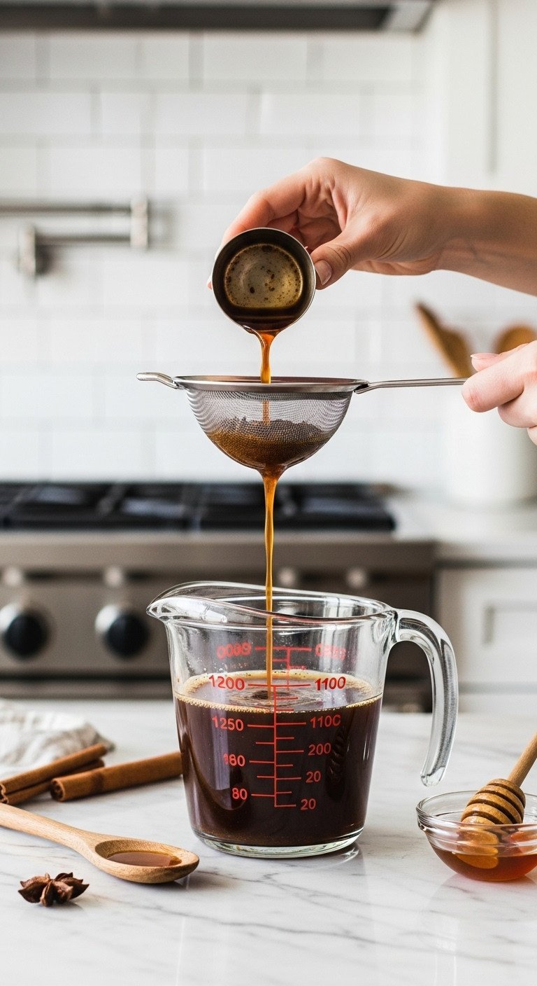 The Perfectly Balanced Dirty Chai Latte A Simple Homemade Recipe 3 Dark chai concentrate is strained through a fine-mesh sieve into a glass measuring cup on a marble counter.