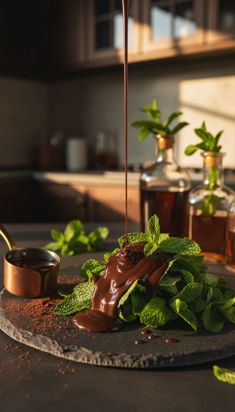 Dark chocolate mint mocha syrup with green undertones pouring over fresh mint leaves. Luxurious kitchen setting.