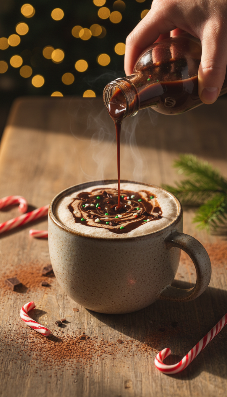 Simple Homemade Coffee Syrup: 7 Essential Recipes 9 Dark chocolate peppermint mocha syrup pours into cocoa, with candy canes, cocoa powder, evergreen on a rustic table.