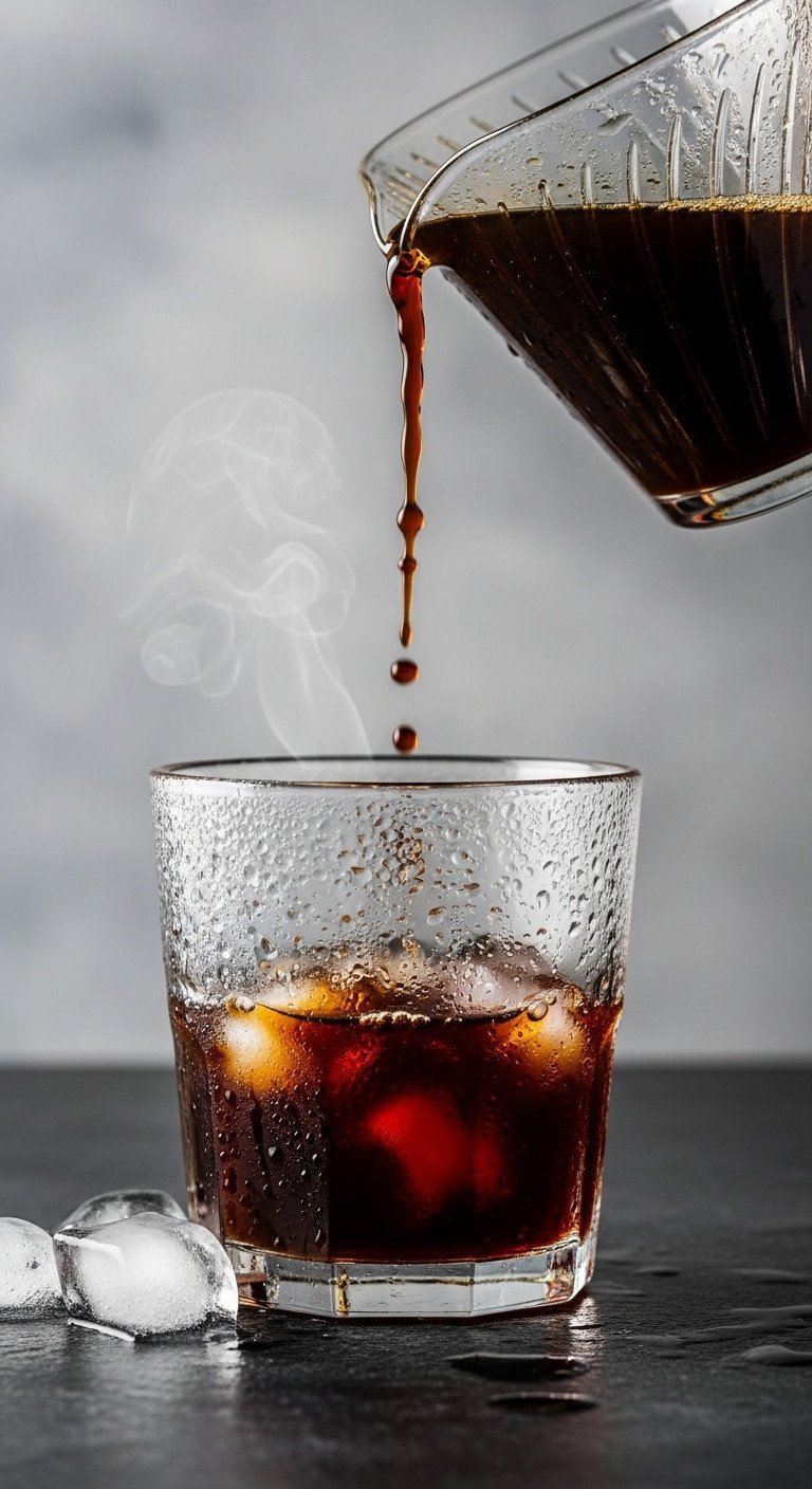 Dark coffee dripping from V60 dripper onto clear ice cubes in carafe, creating steam and condensation. Fresh iced coffee.