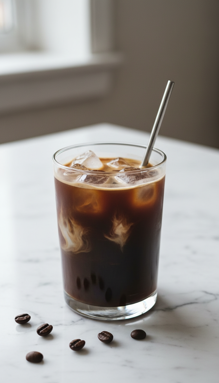 Dunkin' White Chocolate Iced Coffee Perfect Order 5 Dark, coffee-forward white chocolate iced drink with subtle swirl in clear glass on white marble counter. Minimalist room, coffee beans.