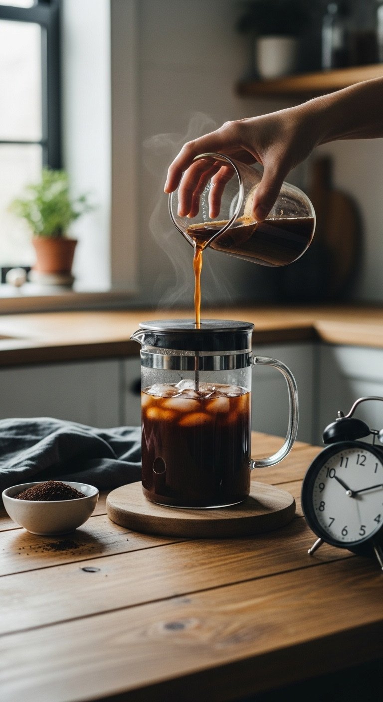11 Iced Coffee Recipes And Secret Fixes For Watery Coffee 5 Dark coffee grounds steeping in a cold brew French Press on a rustic wood table, with a bowl of grounds and a clock.