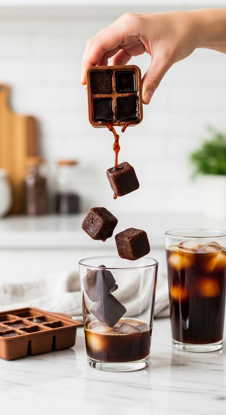 Dark coffee ice cubes dropping into a clear glass on a marble counter, with a silicone tray and iced coffee drink.