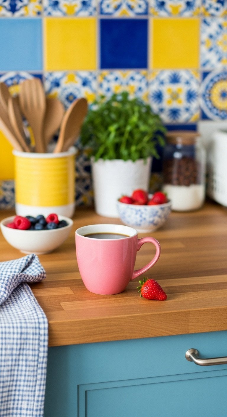 Dark coffee in a bright colorful mug sits on a butcher block countertop in a vibrant kitchen with fresh berries nearby.