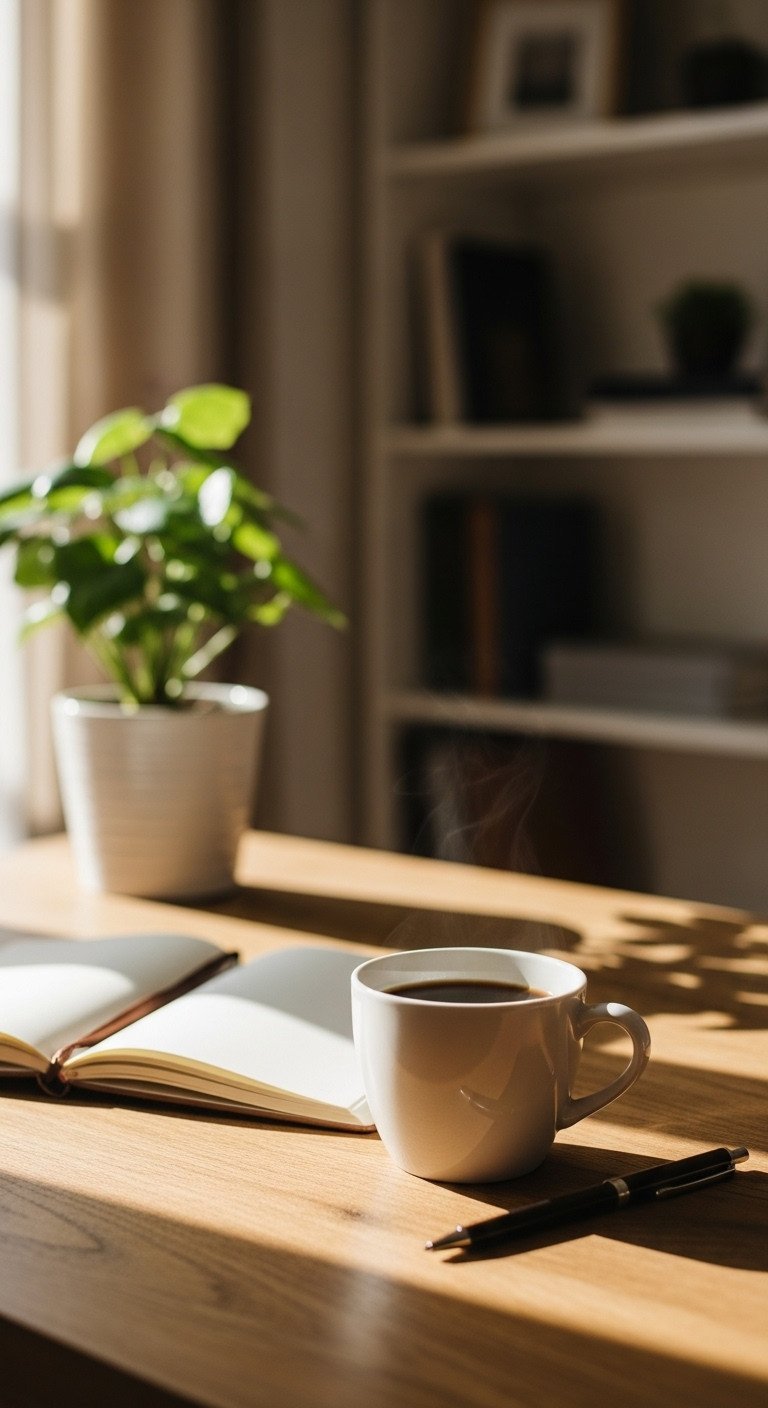 Dark coffee in a ceramic mug on a rustic wood desk next to an open notebook in a sunlit, productive home office setting.