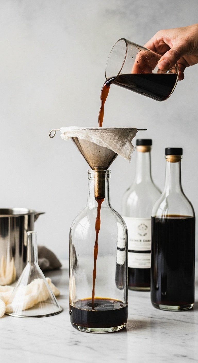 7 Essential Coffee Liqueur Hacks for Better Cocktails 17 Dark coffee liqueur filtered through a funnel into an elegant glass bottle on a clean marble countertop.