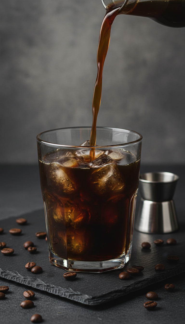Order Caramel Iced Coffee: Dunkin's 7 Secret Customizations 11 Dark cold brew coffee concentrate pouring over ice in a glass, with caramel hint, on a dark stone surface.