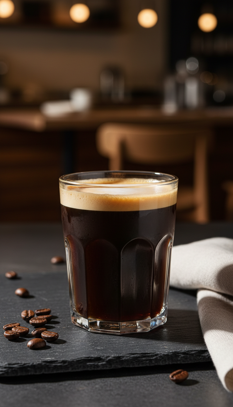 Dark concentrated cold brew, cold foam in clear glass, coffee beans on dark stone. Elegant coffee shop, dramatic lighting.