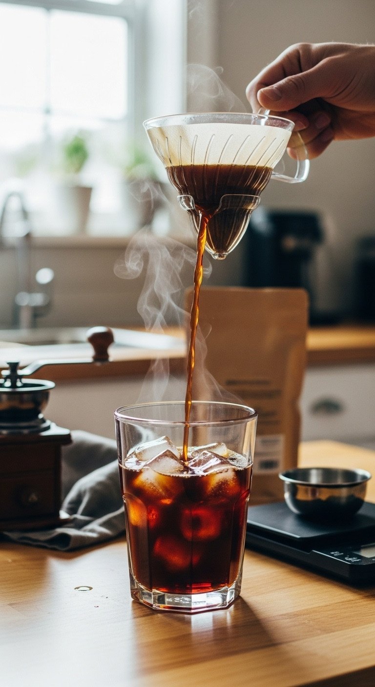 11 Iced Coffee Recipes And Secret Fixes For Watery Coffee 3 Dark hot pour-over coffee streams onto ice in a glass, with steam rising, on a wooden table with grinder and coffee beans.