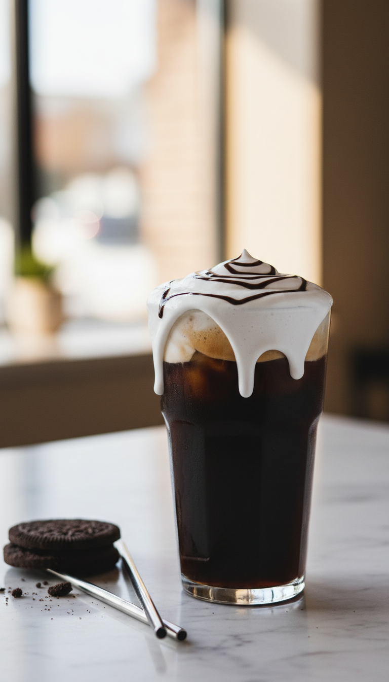 Dark iced coffee in tall glass with thick white cold foam, chocolate swirl, marble counter, coffee shop background, stainless steel straws.