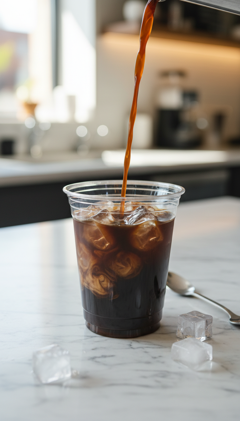 Dark iced coffee pouring into a Dunkin' cup, filled with clear ice cubes on a marble counter. Refreshing cold brew coffee drink.