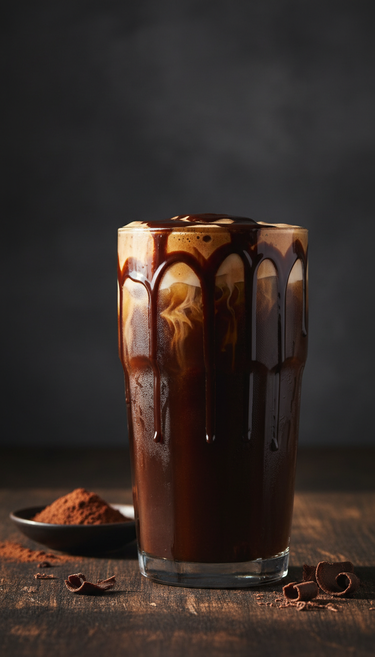 Dark iced coffee with dripping chocolate sauce in glass, rich mocha color, dark wood table, cocoa powder.