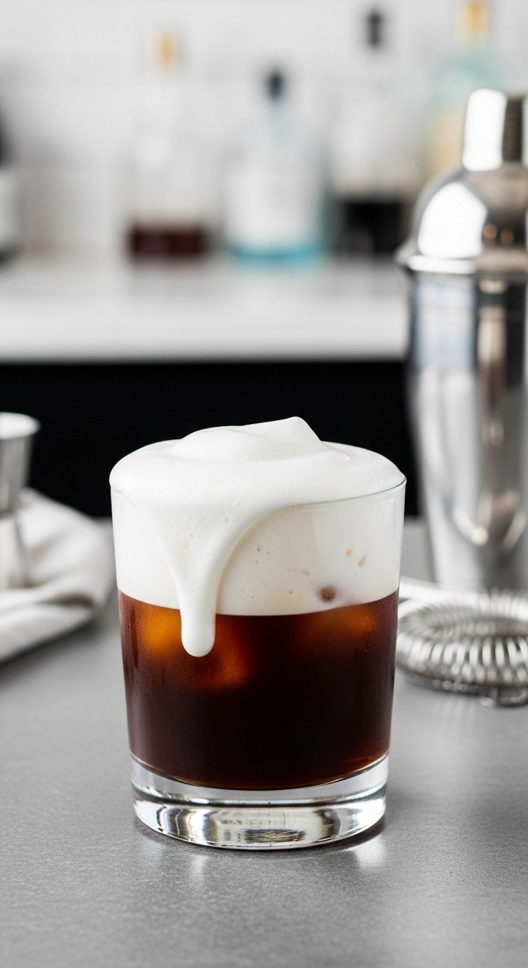 11 Iced Coffee Recipes And Secret Fixes For Watery Coffee 11 Dark iced shaken espresso with thick white cold foam in a glass on a stone surface, subtle coffee bar background.