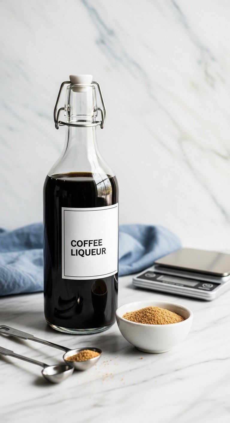 7 Essential Coffee Liqueur Hacks for Better Cocktails 7 Dark low-sugar coffee liqueur bottle beside monk fruit sweetener on a marble counter with measuring spoons.