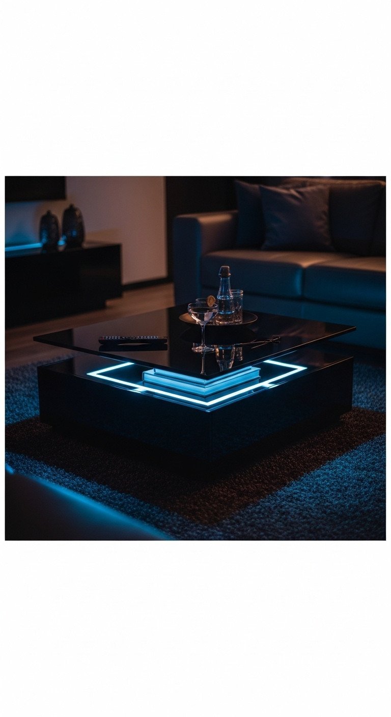 Dark, luxury media room with high-glossy black LED center table, soft blue ambient lighting, modern design.