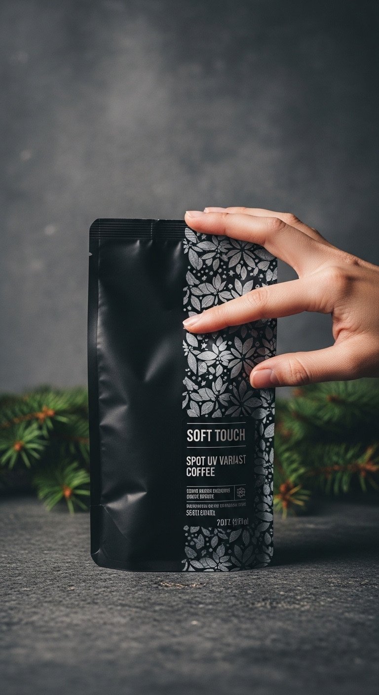 Dark matte coffee pouch with glossy spot UV holiday pattern; hand touching texture. Elegant grays, rich blacks on a stone surface.