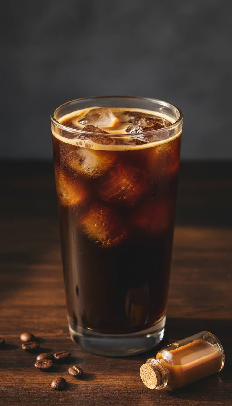 Dark, rich Cold Brew coffee with frothy foam and ice in a sleek glass on dark wood, coffee beans, caramel.