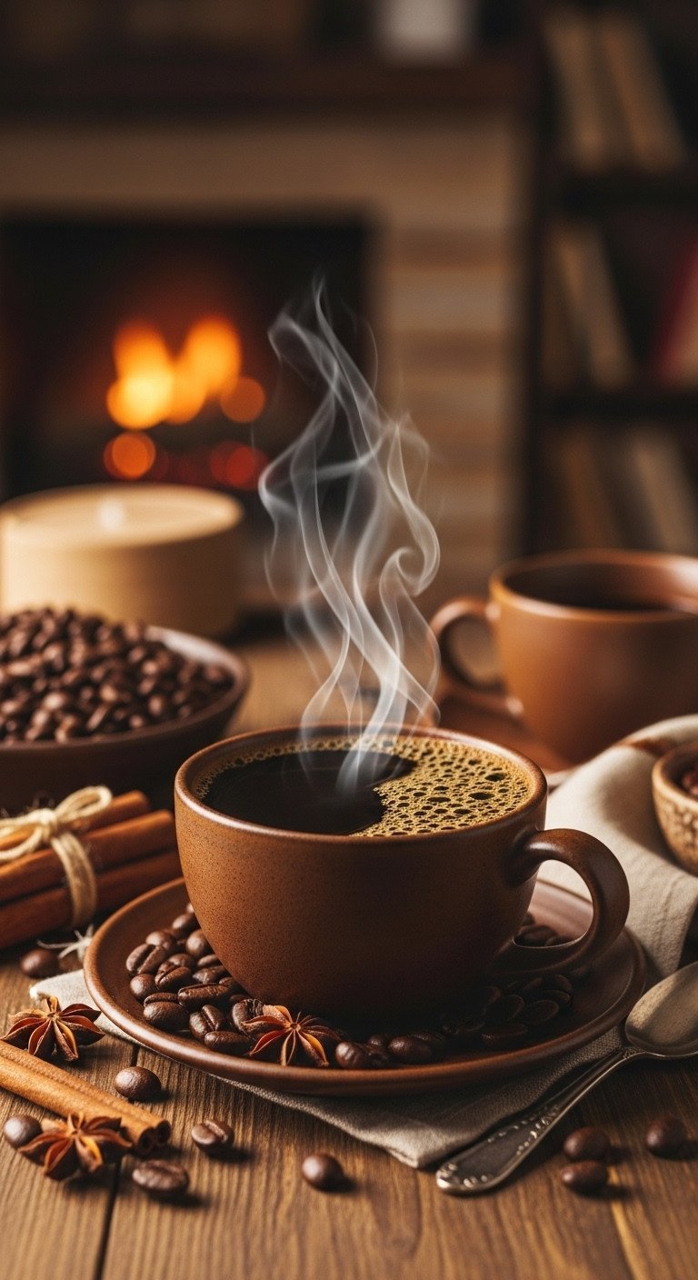7 Best Christmas Coffee Blends & Easy DIY Recipes 1 Dark roast coffee beans and steaming brew in a rustic ceramic mug with crema, cinnamon sticks, star anise, on a wooden table. Warm golden hour light.
