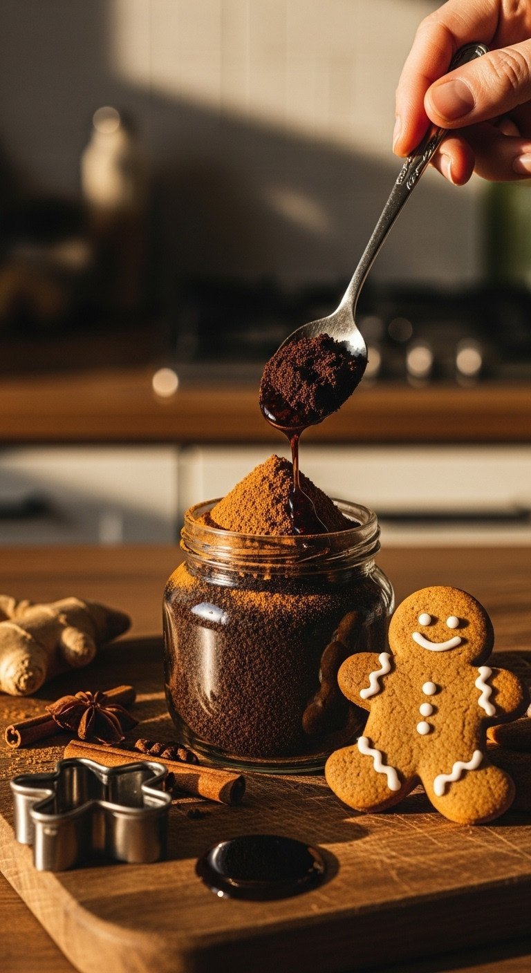 7 Best Christmas Coffee Blends & Easy DIY Recipes 13 Dark roast coffee grounds, ginger, cinnamon, molasses, next to a gingerbread cookie and cutter on a dark wooden board.