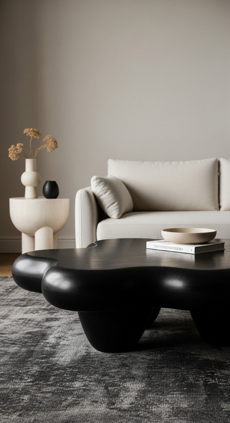 Dark sculptural minimalist coffee table with organic, cloud-like shape, showcasing materiality in a high-end modern living room.