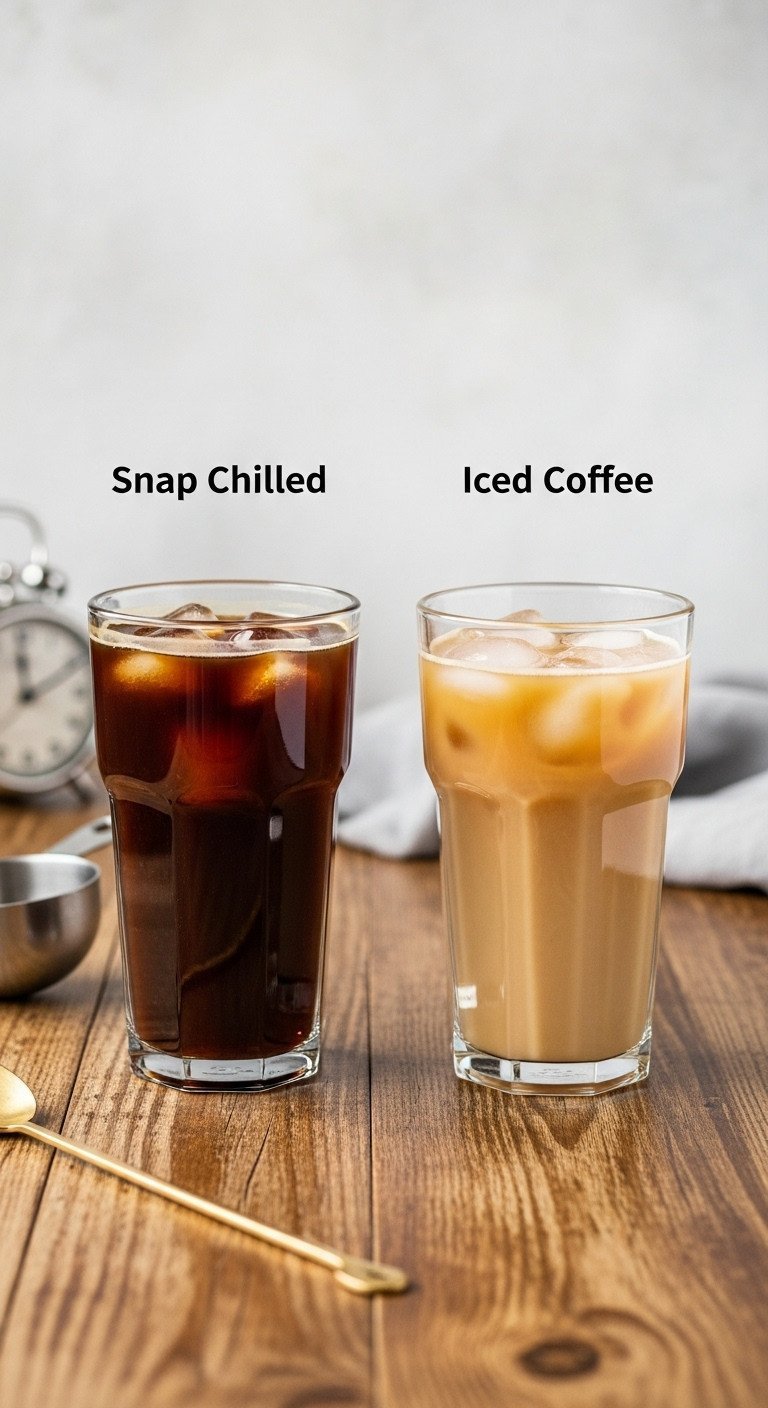 Dark snap chilled coffee (no ice) vs. cloudy iced coffee (melting ice) on rustic wood. Comparison.