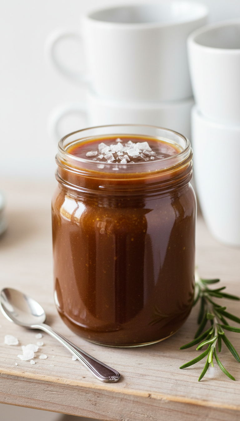 Homemade Caramel Coffee Syrup: Master This Easy Recipe 3 Dark, thick salted caramel coffee syrup in a glass jar, topped with sparkling sea salt crystals on a wooden shelf.