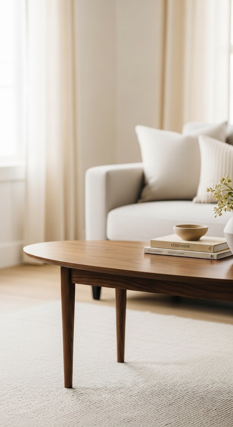 Find Stunning Mid-Century Modern Coffee Tables for Your Home 1 Dark walnut oval MCM coffee table with tapered legs, minimalist living room decor, wood grain.