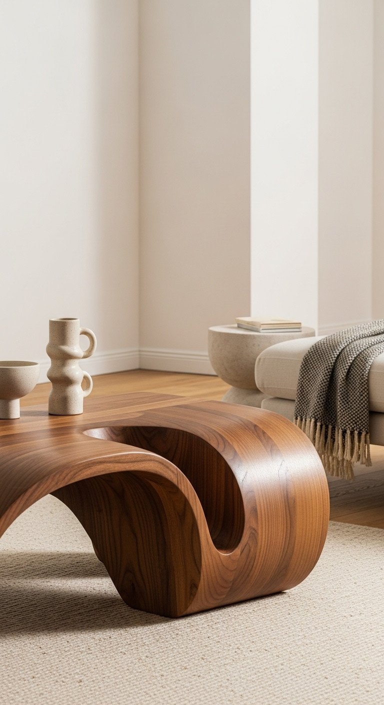 Dark walnut sculptural wood coffee table with abstract curves, in a gallery-like living room, styled with ceramic decor.