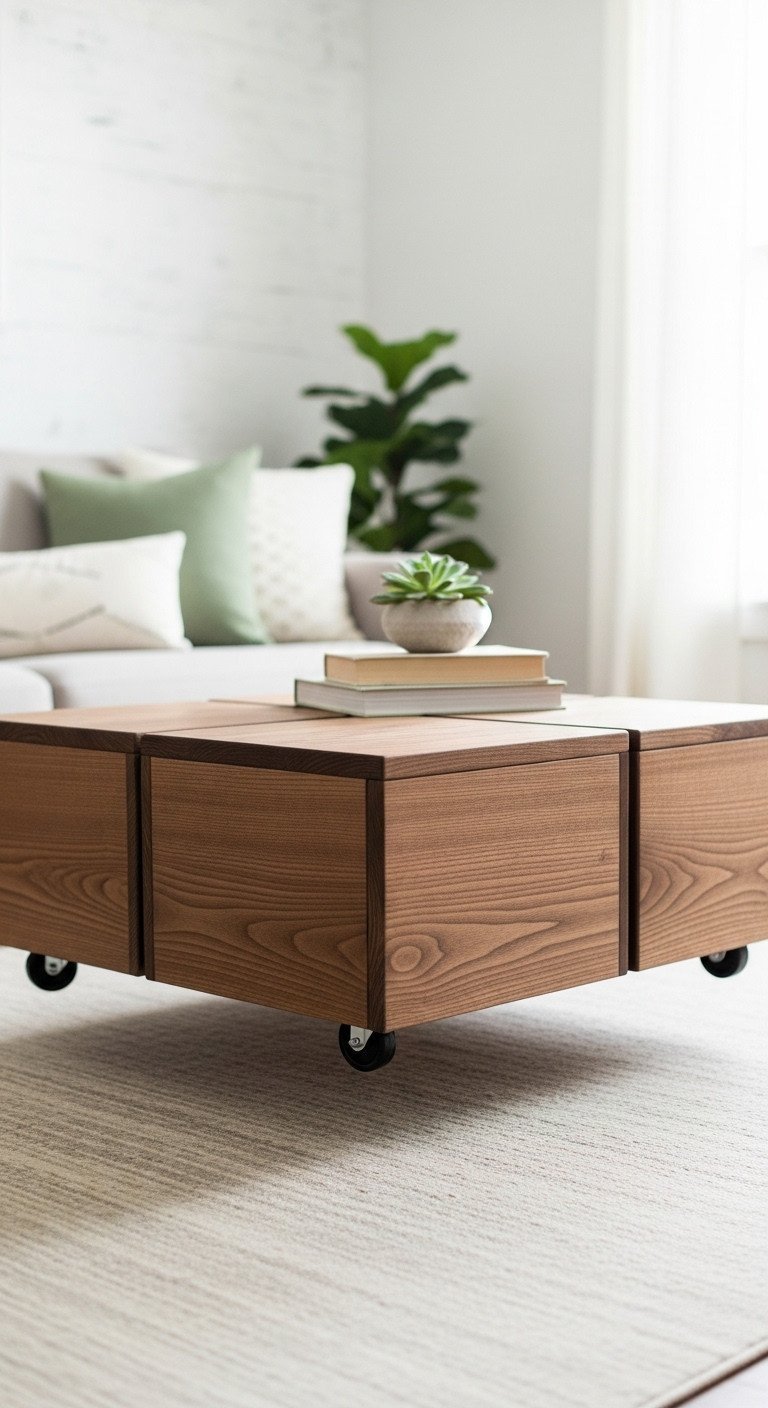 Dark walnut stained floating pallet coffee table with smooth top, books, and succulent in a modern living room setting.