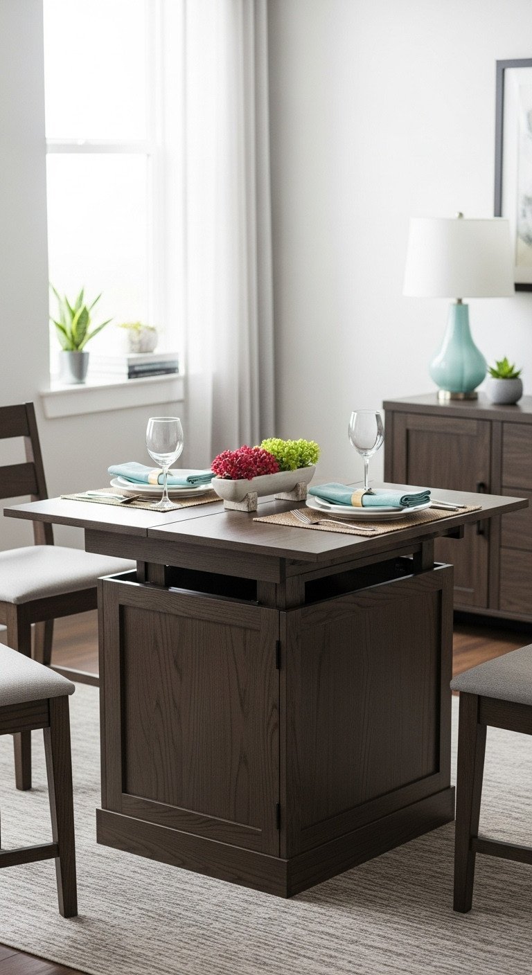 Dark wood adjustable height table in dining setup, two chairs, place settings, in functional apartment living room for versatile use.