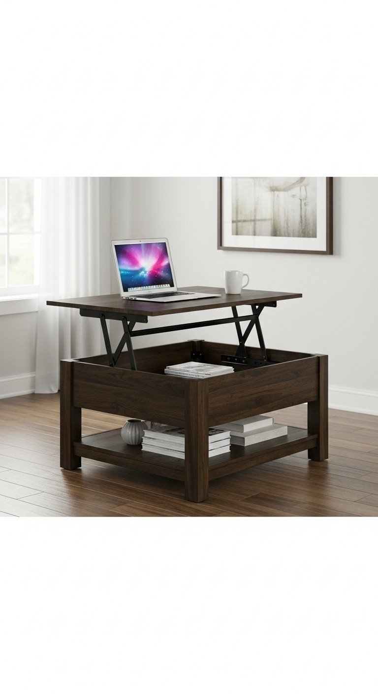 Dark wood industrial lift-top coffee table up, showing hidden storage, mechanism, laptop & mug, modern living room.